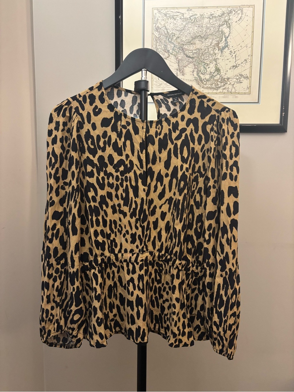 Banana Republic Leopard Print Long-Sleeve Peplum Blouse - Tan/Black